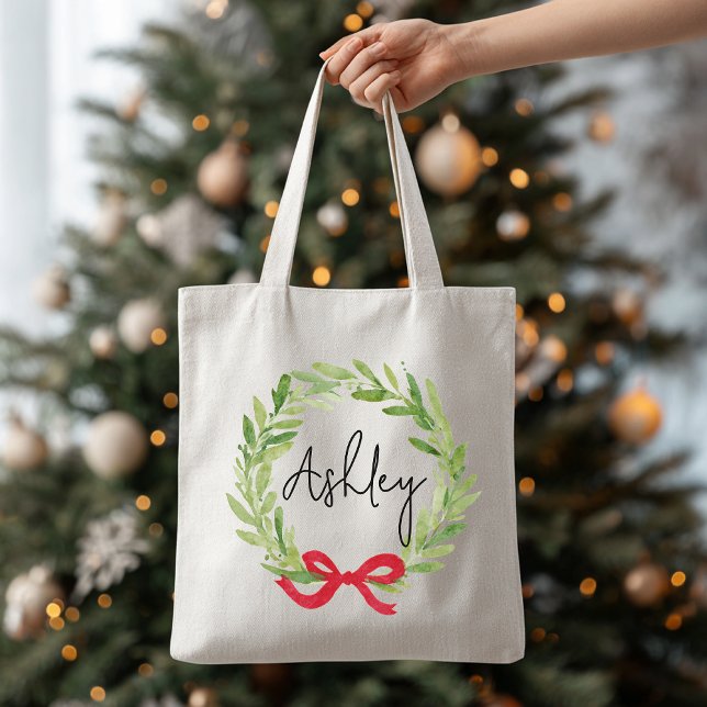 Custom Name Christmas Wreath Tote Bag for Women (personalized christmas tote, custom holiday tote, christmas wreath bag, holiday gift for her,)