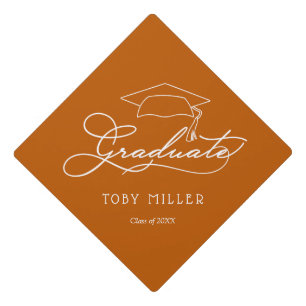 Custom Name Class Graduate Script on Burnt Orange Graduation Cap Topper