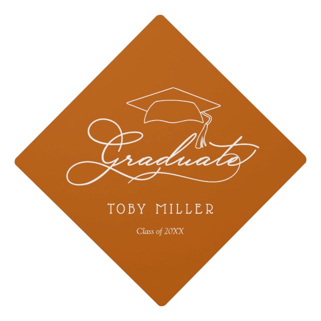 Custom Name Class Graduate Script on Burnt Orange Graduation Cap Topper (Front)