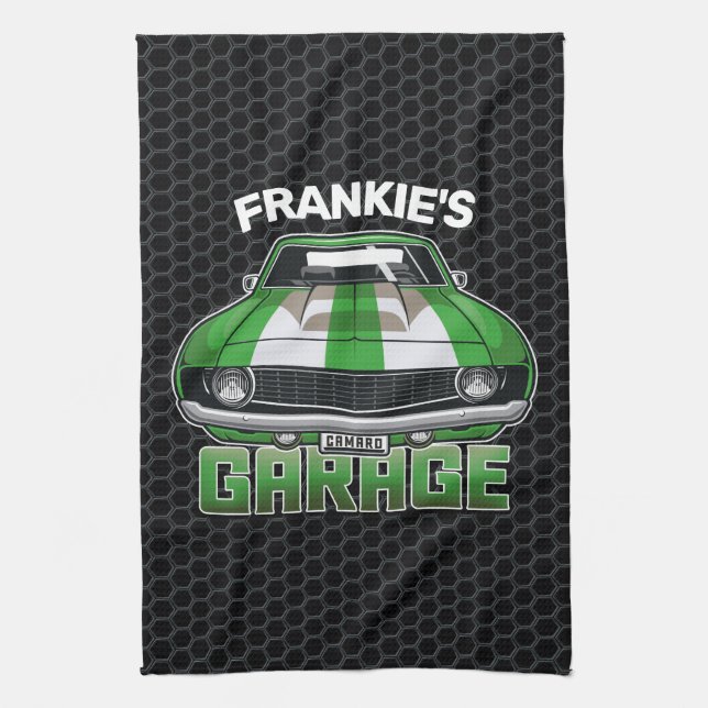 Custom NAME Classic American Muscle Car Garage Kitchen Towel (Vertical)