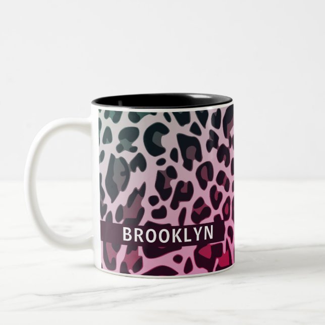 Custom Name Classic Leopard Print Design Brooklyn Two-Tone Coffee Mug (Left)