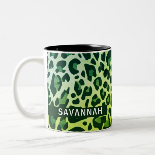 Custom Name Classic Leopard Print Design Savannah Two-Tone Coffee Mug (Left)
