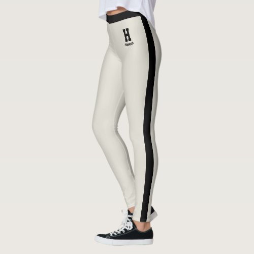 Custom Name Classy Oatmeal Black Stripes Monogram Leggings