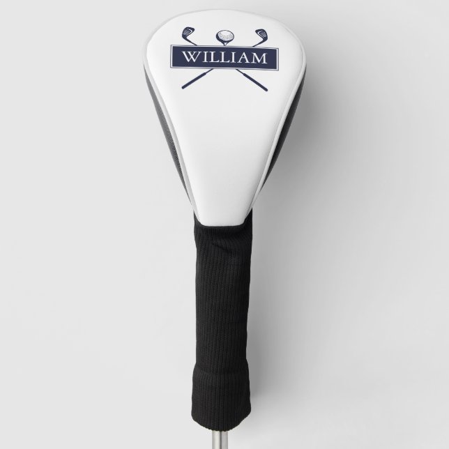 Custom Name Clubs And Ball Navy Blue Golf Head Cover (Front)