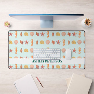 Custom Name Coastal Watercolor Seashells Teal Desk Mat
