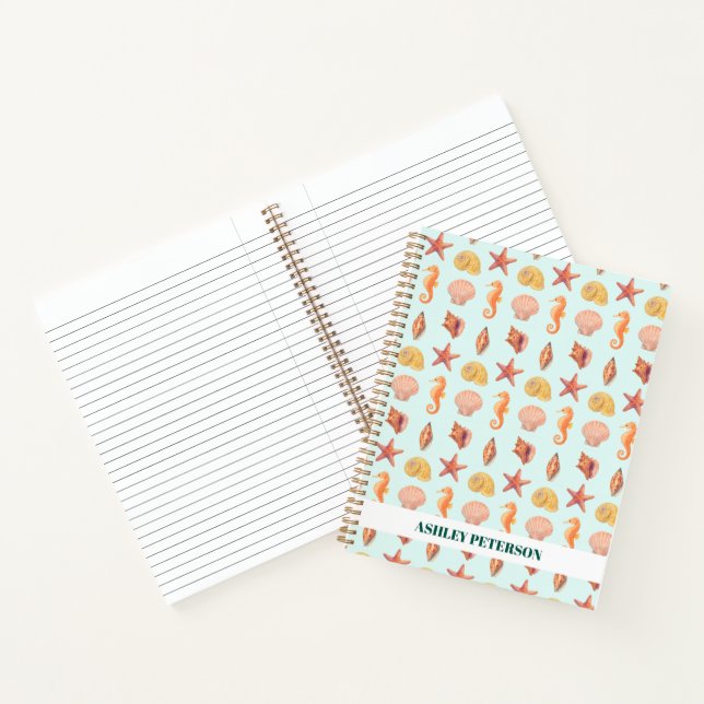 Custom Name Coastal Watercolor Seashells Teal Notebook (Inside)