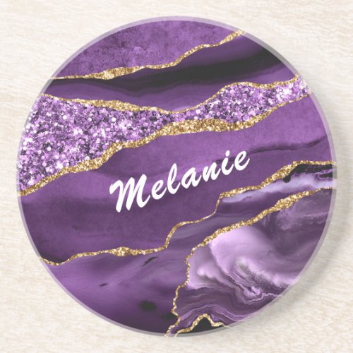 Custom Name Coaster Agate Purple Gold Glitter