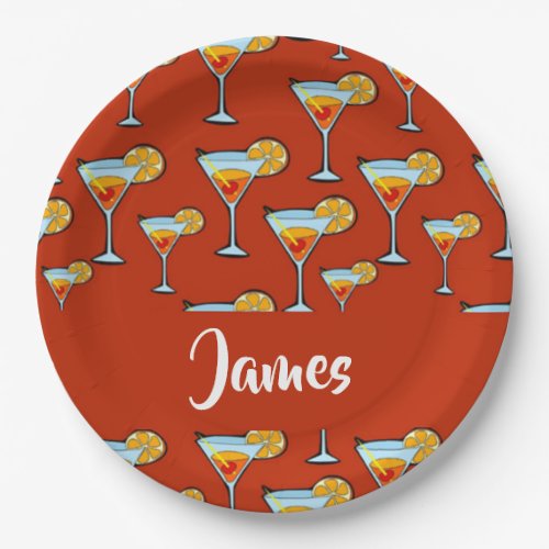 Custom name cocktail glasses on red paper plates