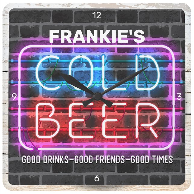 Custom NAME Cold Beer Bar Faux Neon Man Cave Square Wall Clock (Creator Uploaded)