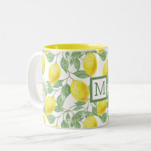 Custom Name & Color Bright Summer Lemon Tree Print Two-Tone Coffee Mug