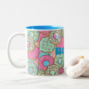 Custom Name & Color Cute Pastel Donuts & Sprinkles Two-Tone Coffee Mug