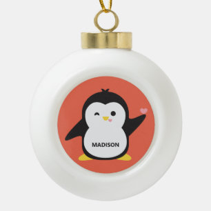 Custom name & color cute penguin ceramic ball christmas ornament