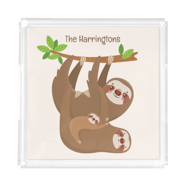 Custom Name & Color Cute Sloths Acrylic Tray (Front)