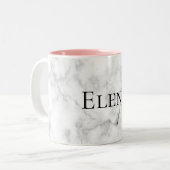 Custom Name/Color Elegant White Marble Print Two-Tone Coffee Mug (Front Left)