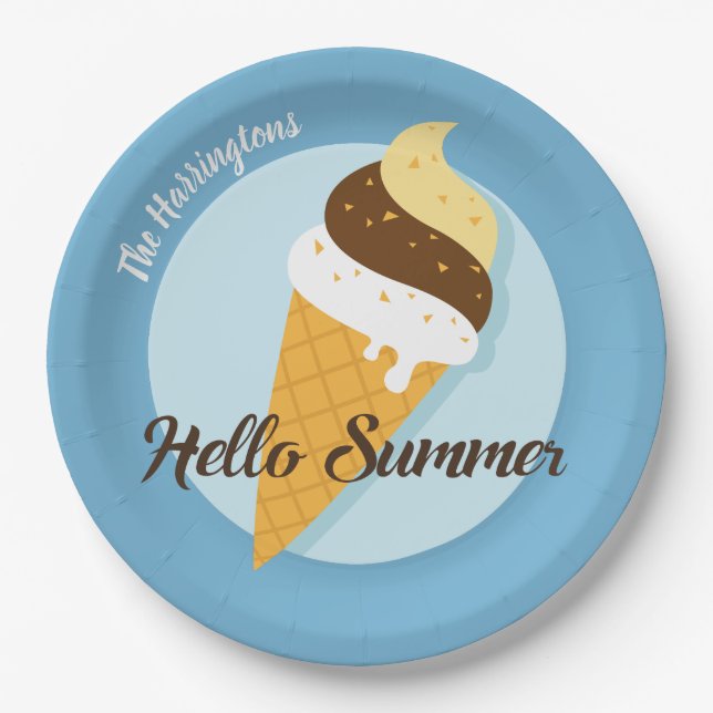Custom name & color Ice Cream Hello paper plates (Front)