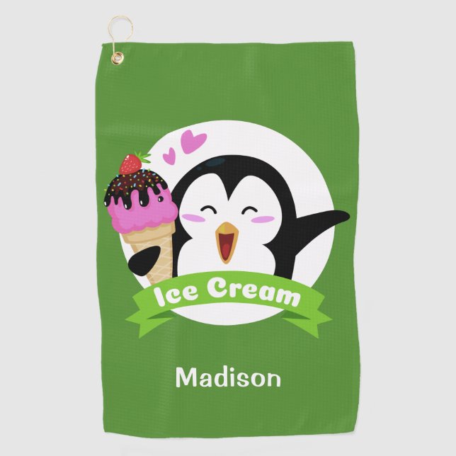 Custom name & color Ice Cream Penguin golf towel (Front)