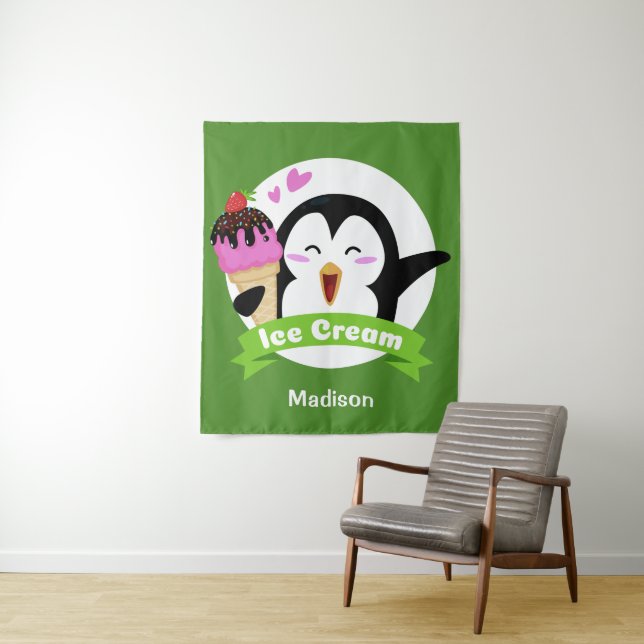 Custom name & color Ice Cream Penguin tapestry (In Situ)