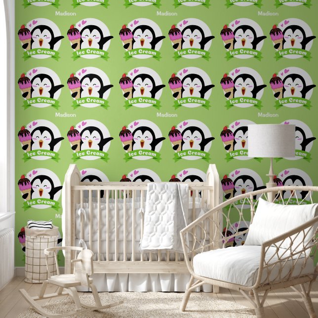 Custom name & color Ice Cream Penguin Wallpaper (Kids)