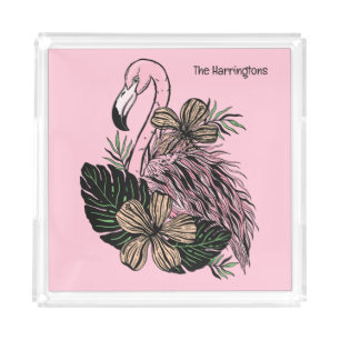 Custom Name & Color Pink Flamingo Acrylic Tray
