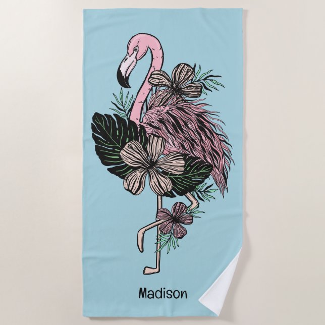 Custom Name & Color Pink Flamingo Beach Towel (Front)