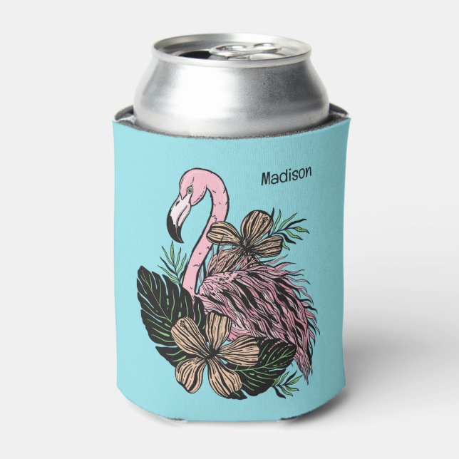 Custom Name & Color Pink Flamingo Can Cooler (Can Front)