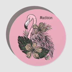 Custom Name & Color Pink Flamingo Car Magnet