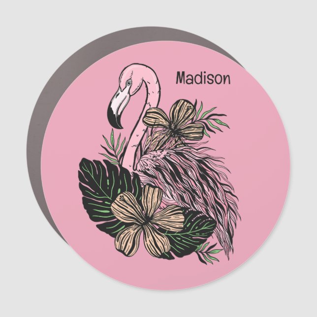 Custom Name & Color Pink Flamingo Car Magnet (Front)