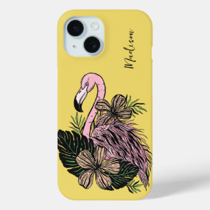 Custom Name & Color Pink Flamingo iPhone 15 Case