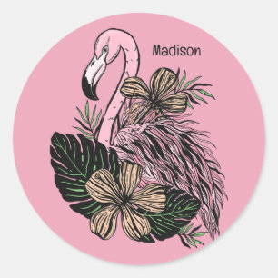 Custom Name & Color Pink Flamingo Classic Round Sticker