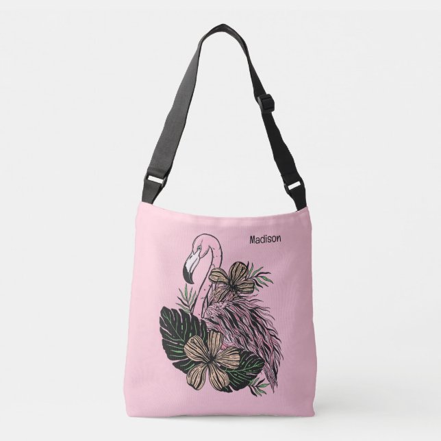 Custom Name & Color Pink Flamingo Crossbody Bag (Front)