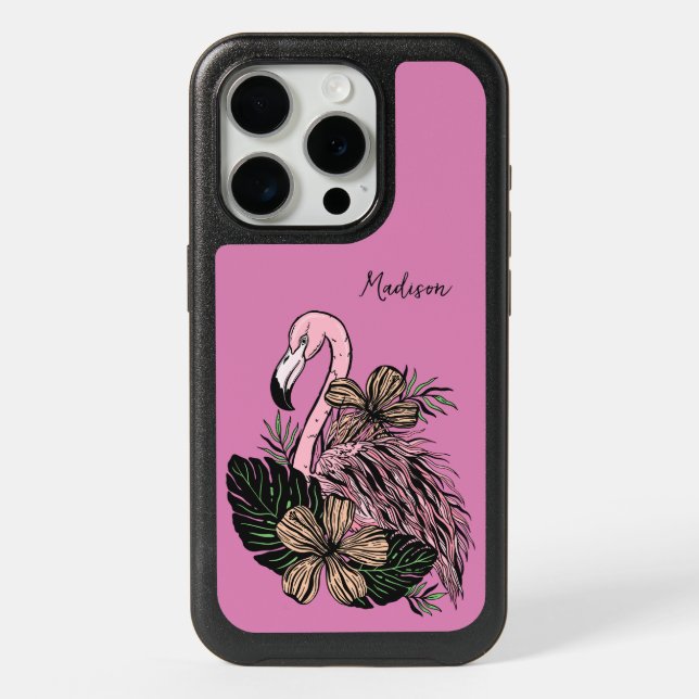 Custom Name & Color Pink Flamingo iPhone 15 Pro Case (Back)