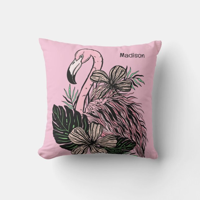 Custom Name & Color Pink Flamingo Throw Pillow (Front)