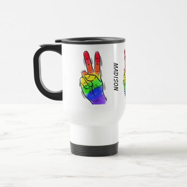 Custom name & color Rainbow Peace mugs (Left)