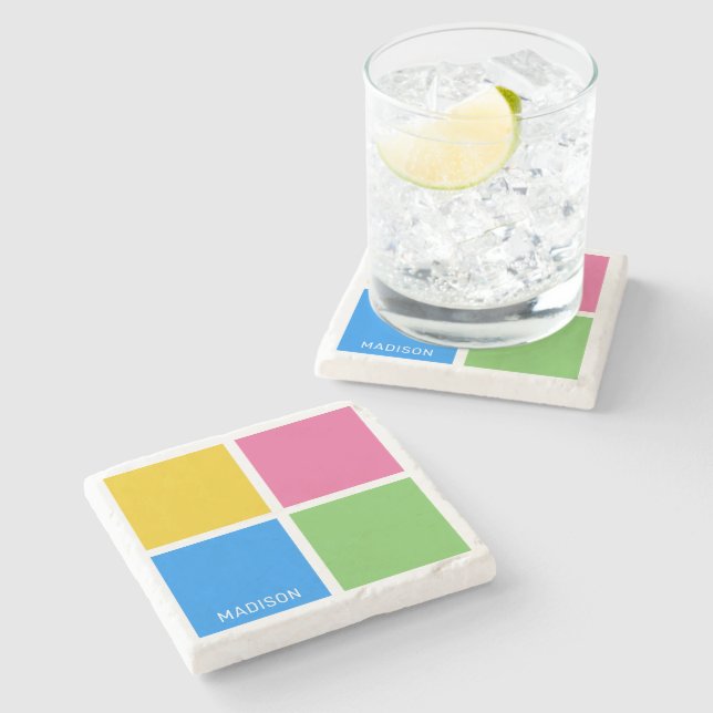 Custom name Color Squares Stone Coaster (Side)