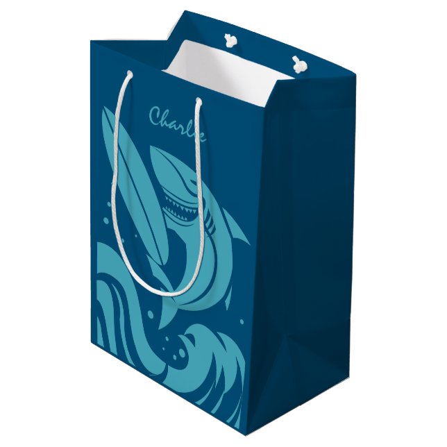 Custom name & color Surfer Shark gift bag (Back Angled)