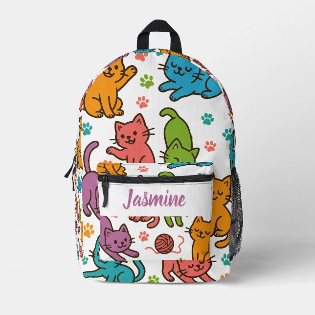 Custom Name Colorful Cartoon Cat Backpack – Kids  (Front)