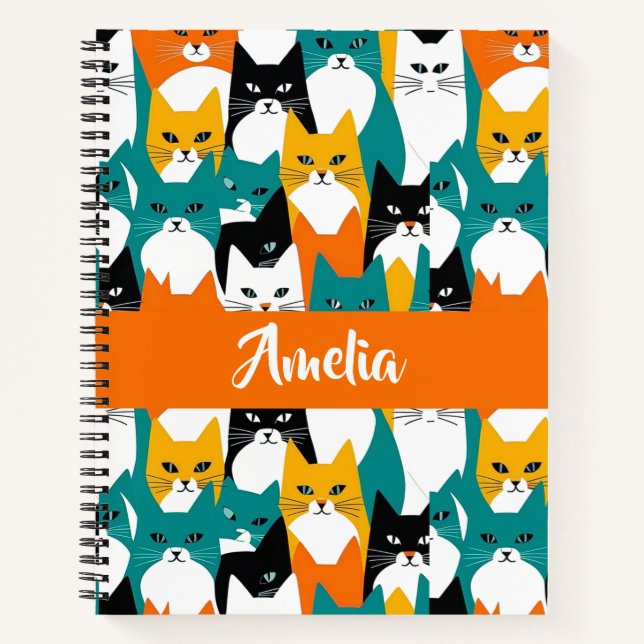 Custom Name Colorful Cats Notebook (Front)