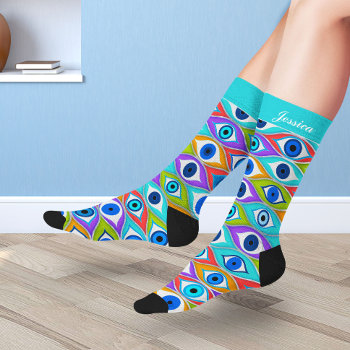 Custom Name - Colorful Evil Eye Pattern   Socks by LoveMalinois at Zazzle