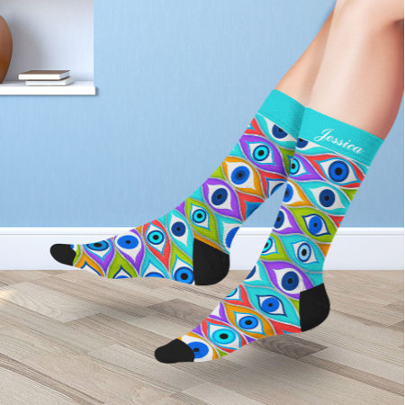 Custom Name - Colorful Evil Eye Pattern   Socks