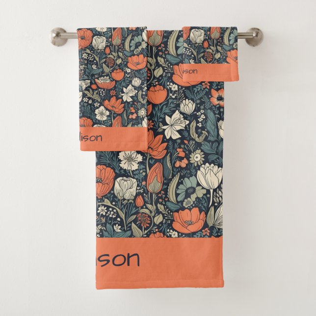 Custom Name Colorful Flower Pattern Bath Towel Set (Insitu)