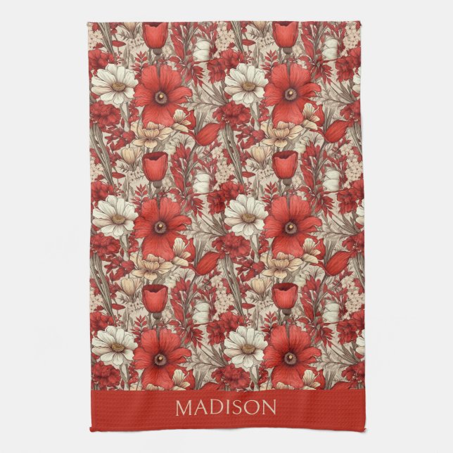 Custom Name Colorful Flower Pattern Kitchen Towel (Vertical)