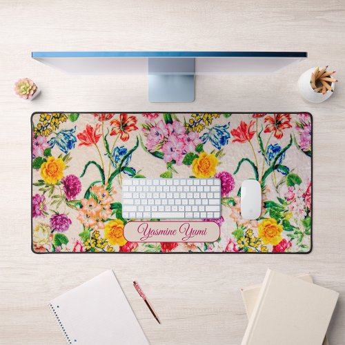 Custom Name Colorful Flowers Feminine girly Script Desk Mat