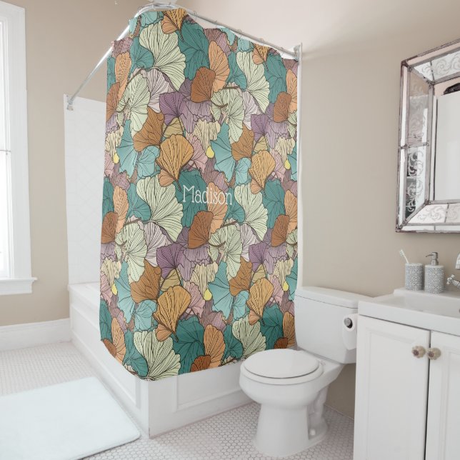 Custom Name Colorful Leaf Pattern Shower Curtain (In Situ)