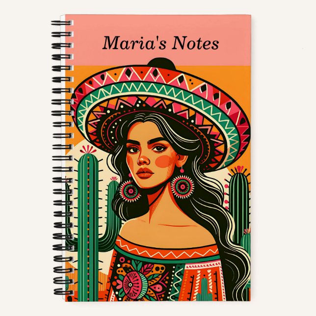 Custom Name Colorful Mexican Fiesta Cactus Notebook (Front)
