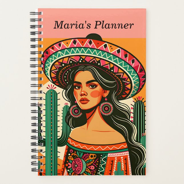 Custom Name Colorful Mexican Fiesta Cactus Planner (Front)