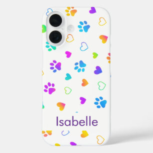 Custom Name Colorful Paw Print Pattern  iPhone 16 Case