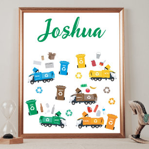 Custom Name Colorful Recycling Garbage Trucks Bins Poster