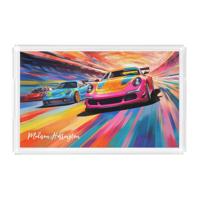 Custom Name Colorful Sportscars Acrylic Tray (Front)