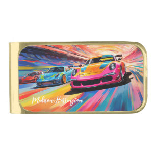 Custom Name Colorful Sportscars Gold Finish Money Clip
