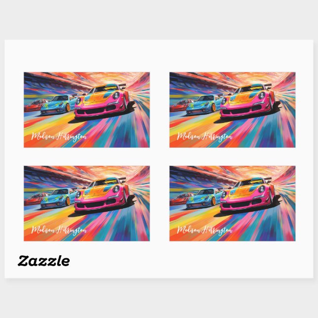 Custom Name Colorful Sportscars Rectangular Sticker (Sheet)